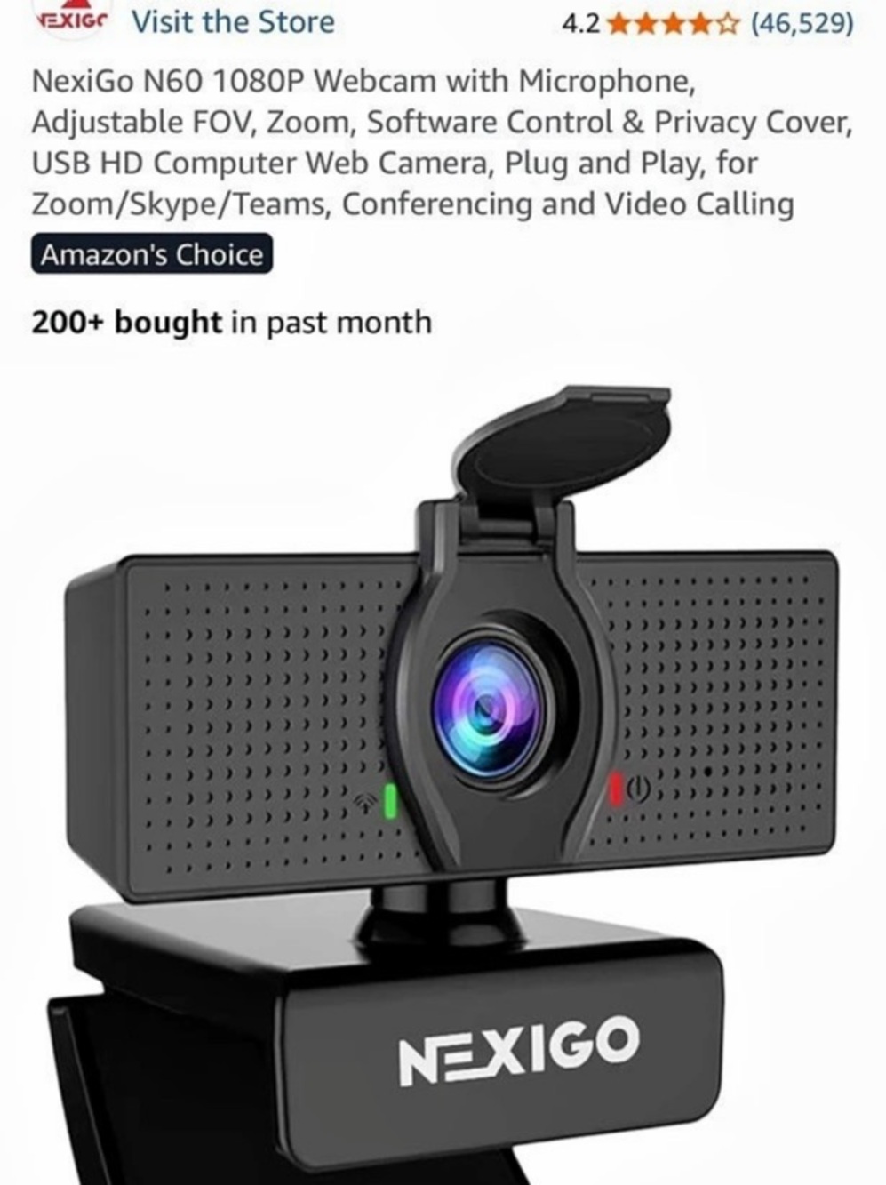 NexiGo N60 1080P Webcam Black